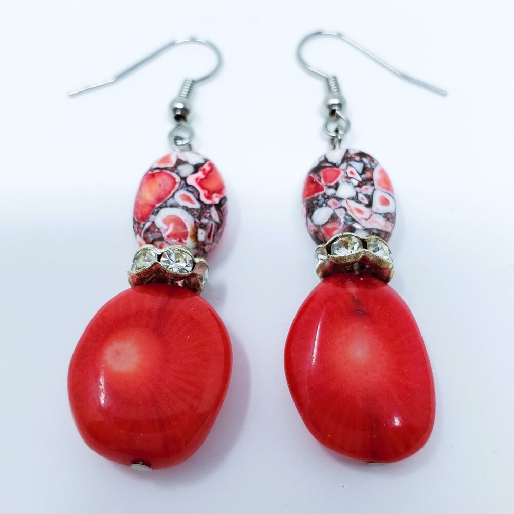 Red and Marble-Patterned Dangle Earrings